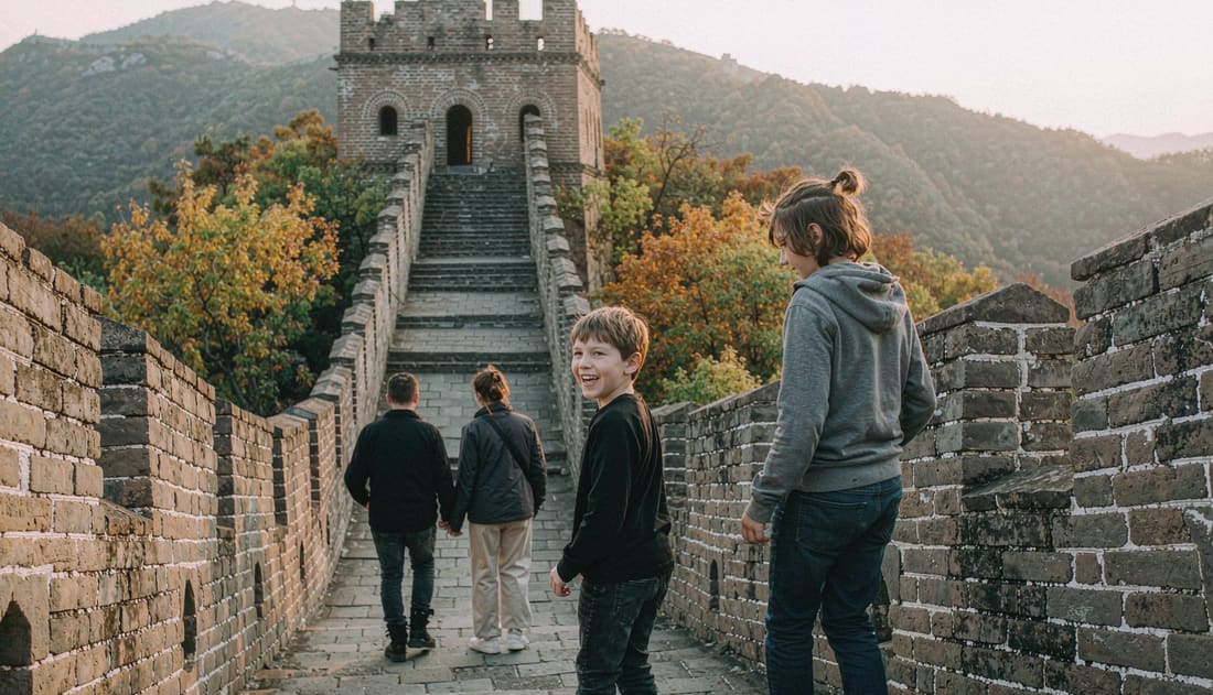 Dos niños subiendo los escalones de la Gran Muralla con sus padres detrás