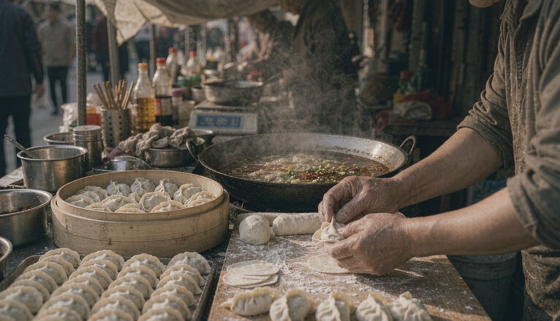 Cocinero de mercado callejero doblando empanadillas chinas sobre una tabla enharinada